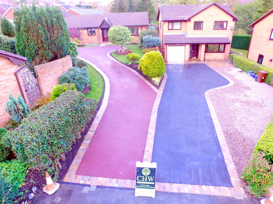 red and black driveway aerial view